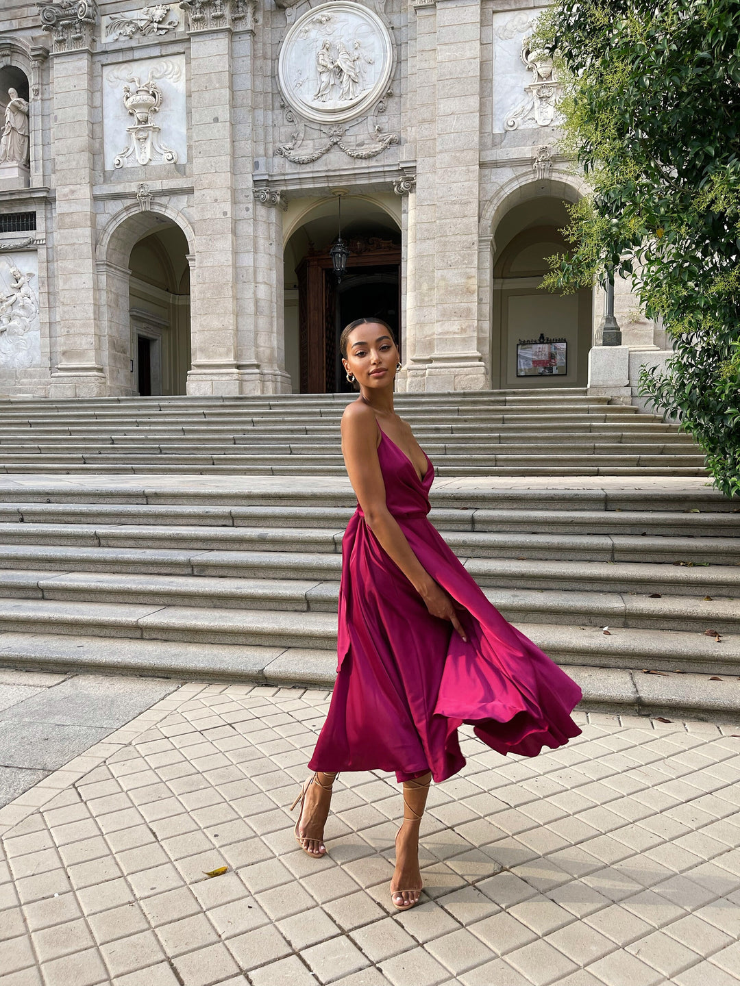 Fuchsia Silk Midi Dress with Open back