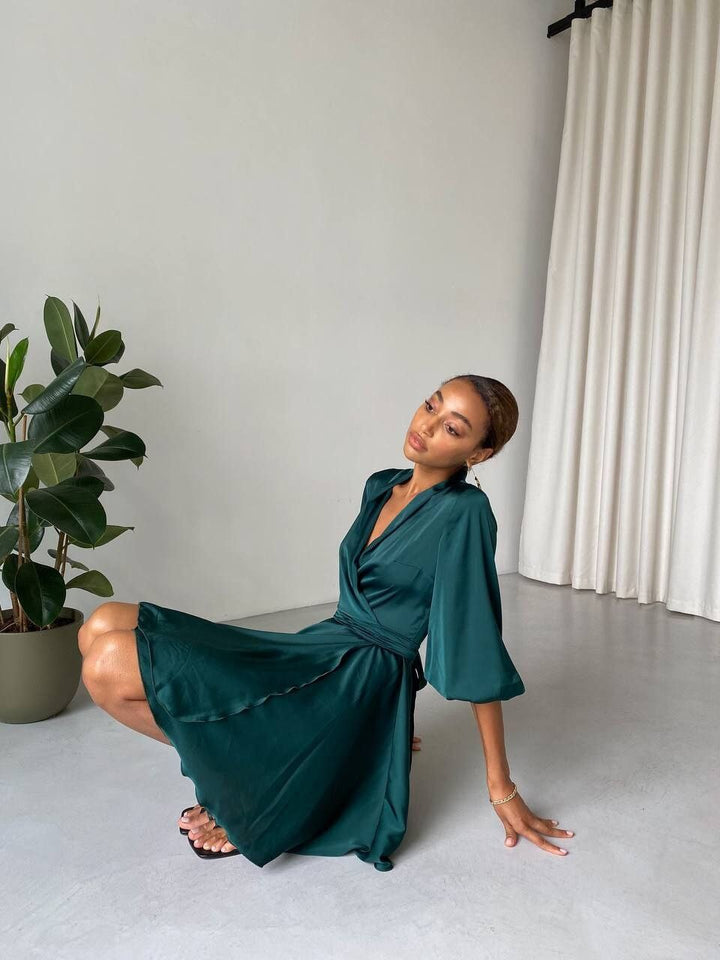 Emerald Silk Wrap Mini Dress