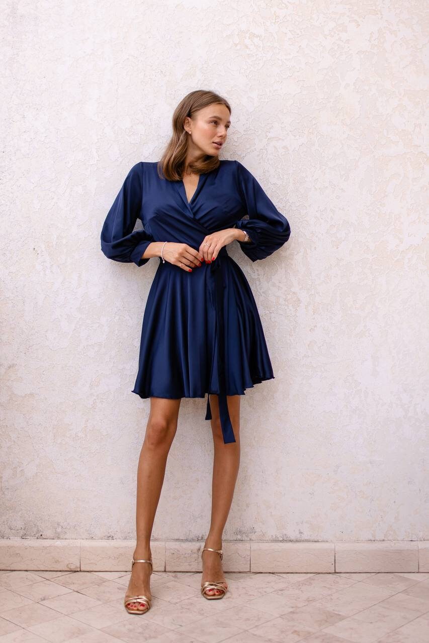 Navy Blue Silk Wrap Mini Dress