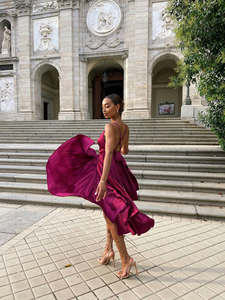 Fuchsia Silk Midi Dress with Open back