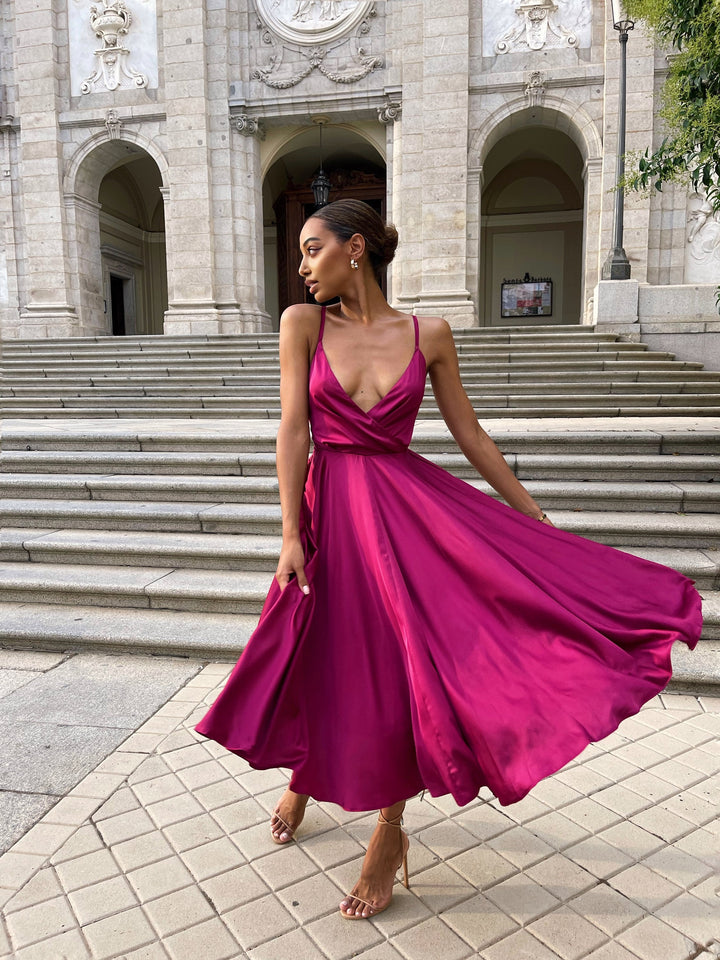 Fuchsia Silk Midi Dress with Open back