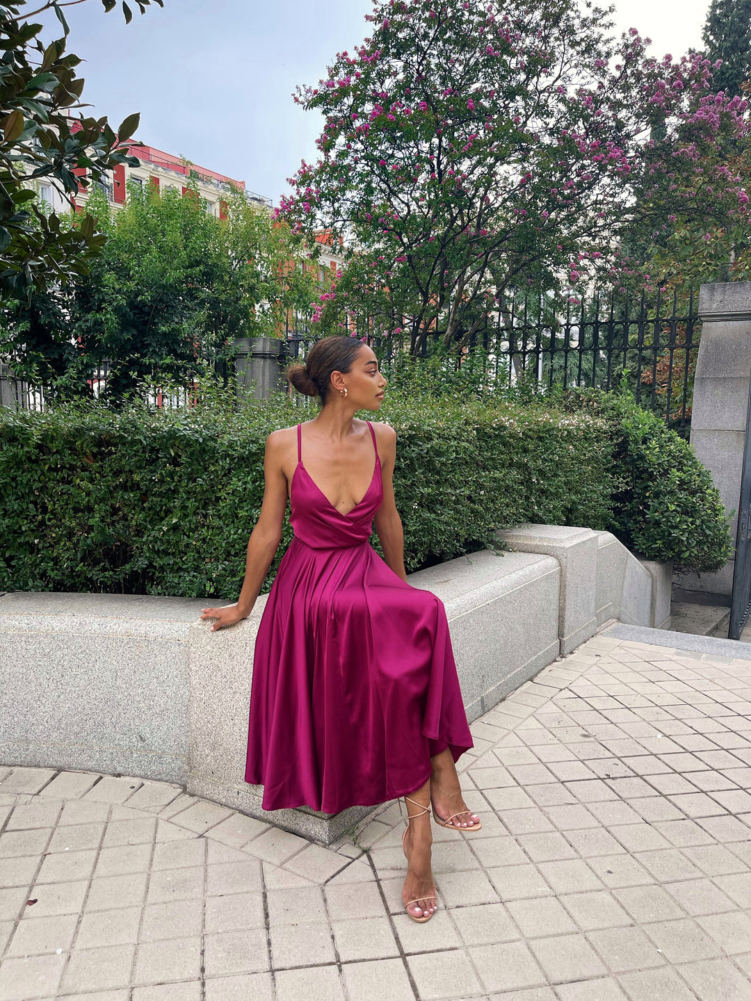 Fuchsia Silk Midi Dress with Open back