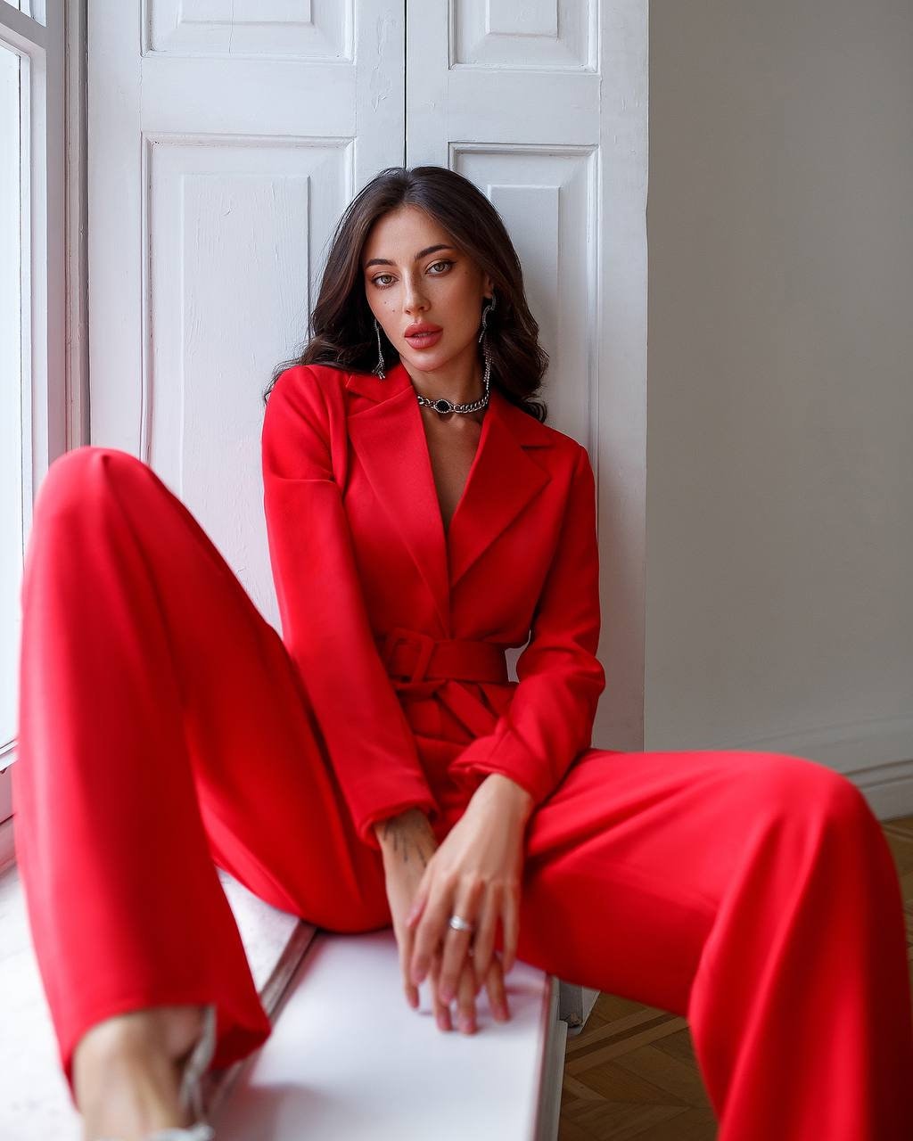 Red 2-piece Blazer trouser Suit with belt for tall Women