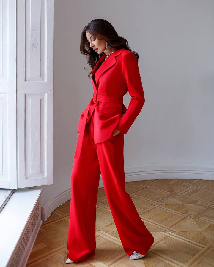 Red 2-piece Blazer trouser Suit with belt for tall Women