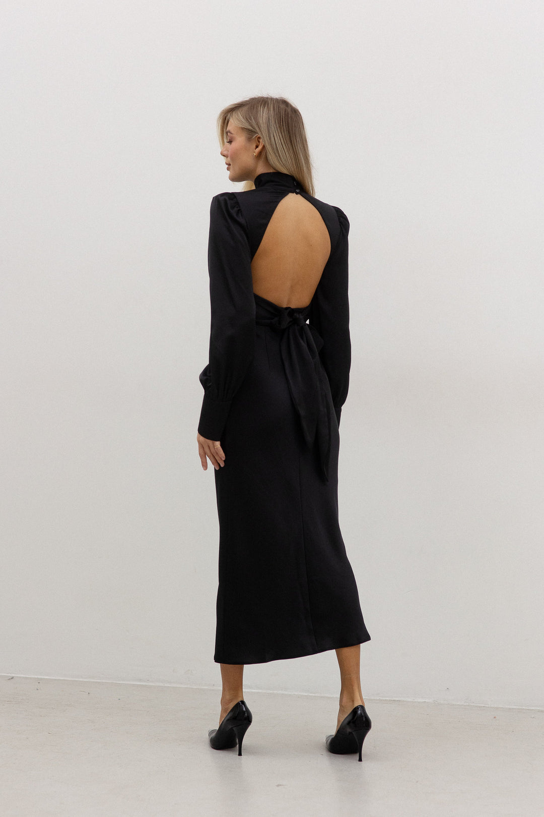 Black Silk Open Back Dress with Long Sleeves