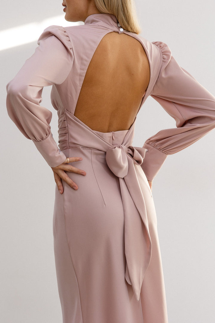 Dusty Pink Silk Open Back Dress with Long Sleeves