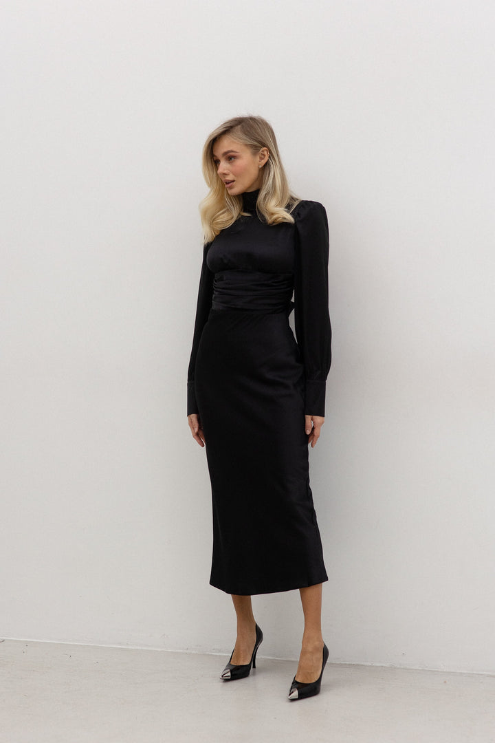 Black Silk Open Back Dress with Long Sleeves