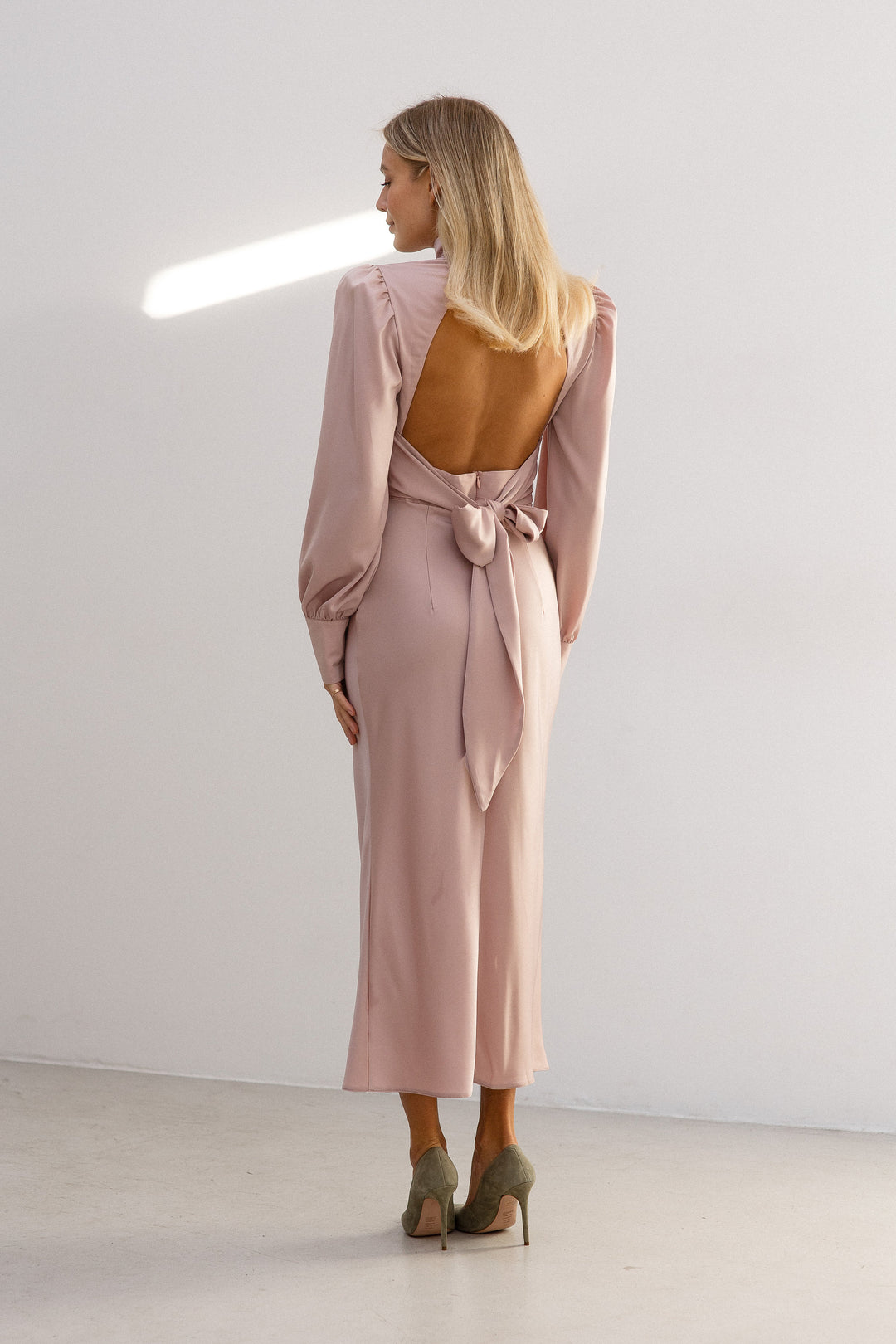 Dusty Pink Silk Open Back Dress with Long Sleeves