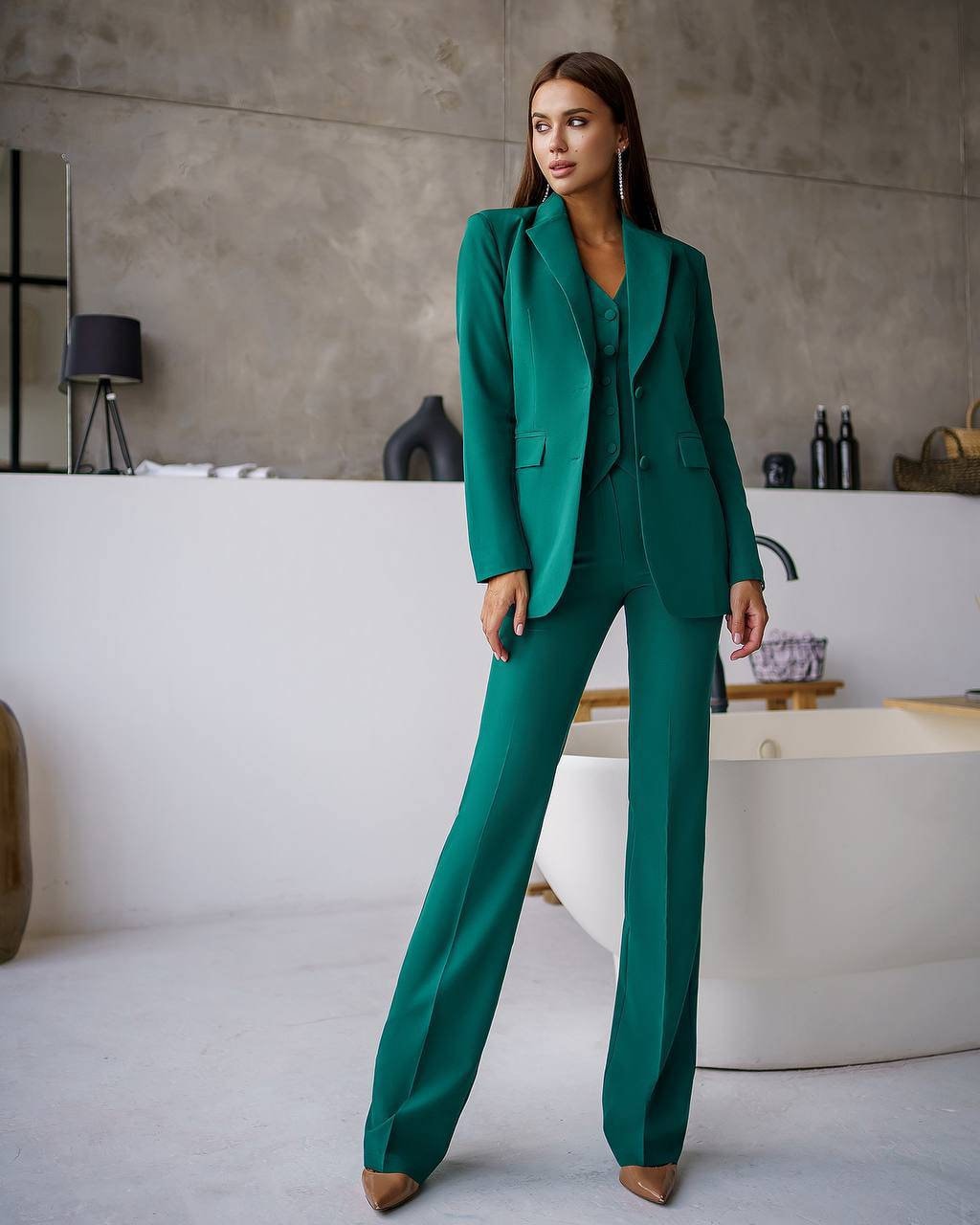 Emerald Green elegant 3-piece waistcoat pantsuit for tall women