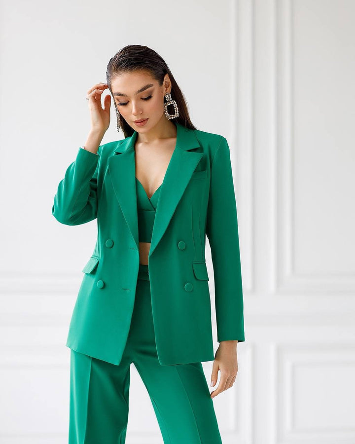 Green chic 3-piece Palazzo Pantsuit: blazer, crop top and pants