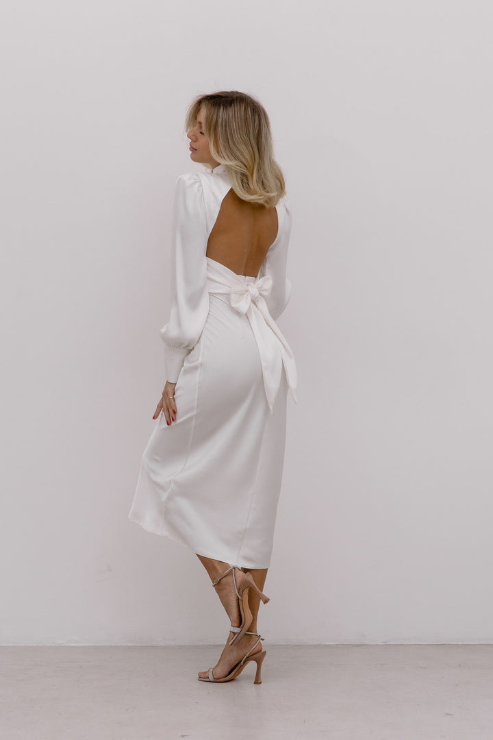 White Silk Open Back Dress with Long Sleeves