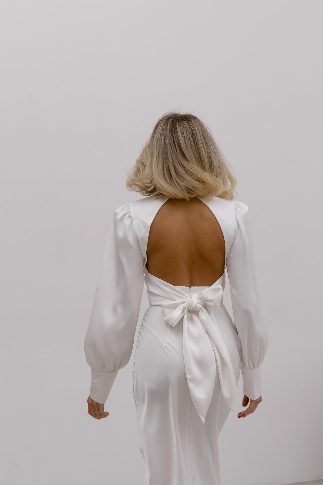 White Silk Open Back Dress with Long Sleeves