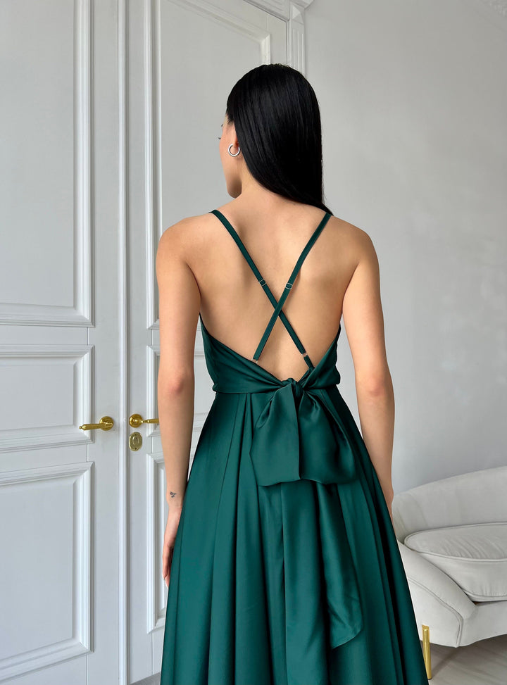 Emerald Silk Midi Dress Open Back