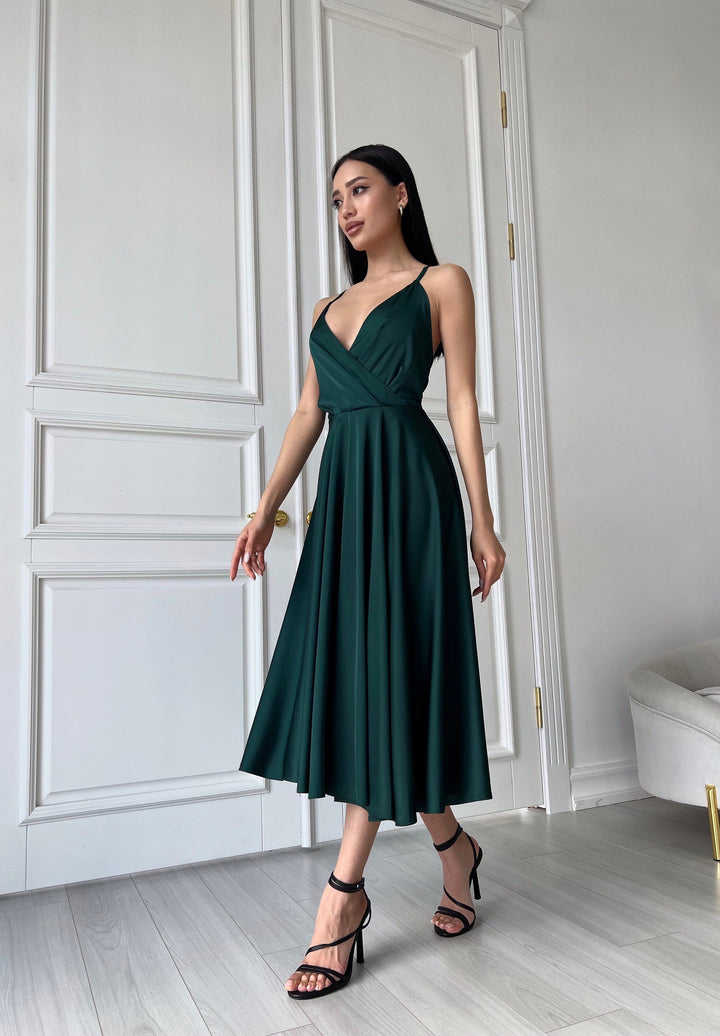 Emerald Silk Midi Dress Open Back