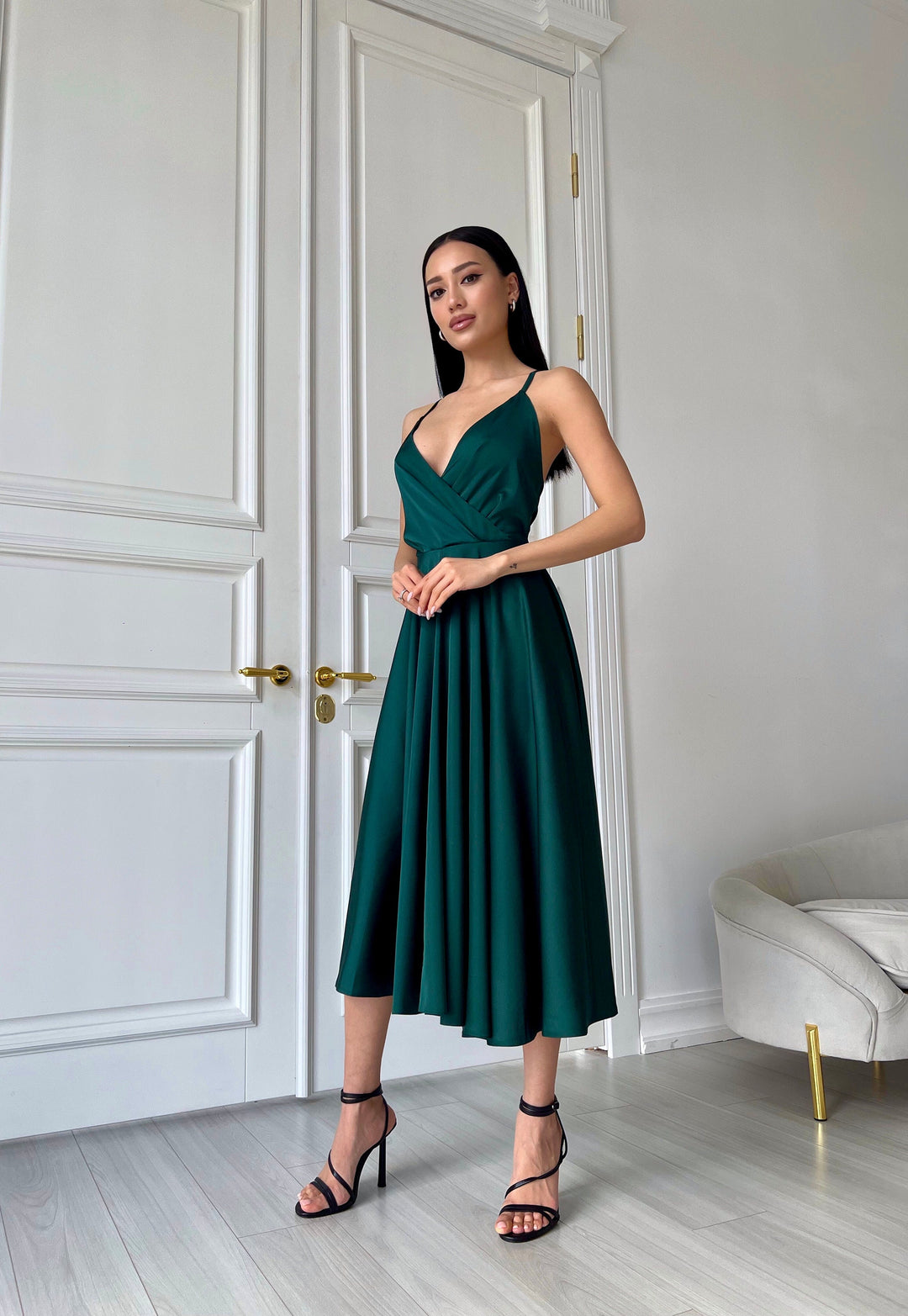 Emerald Silk Midi Dress Open Back