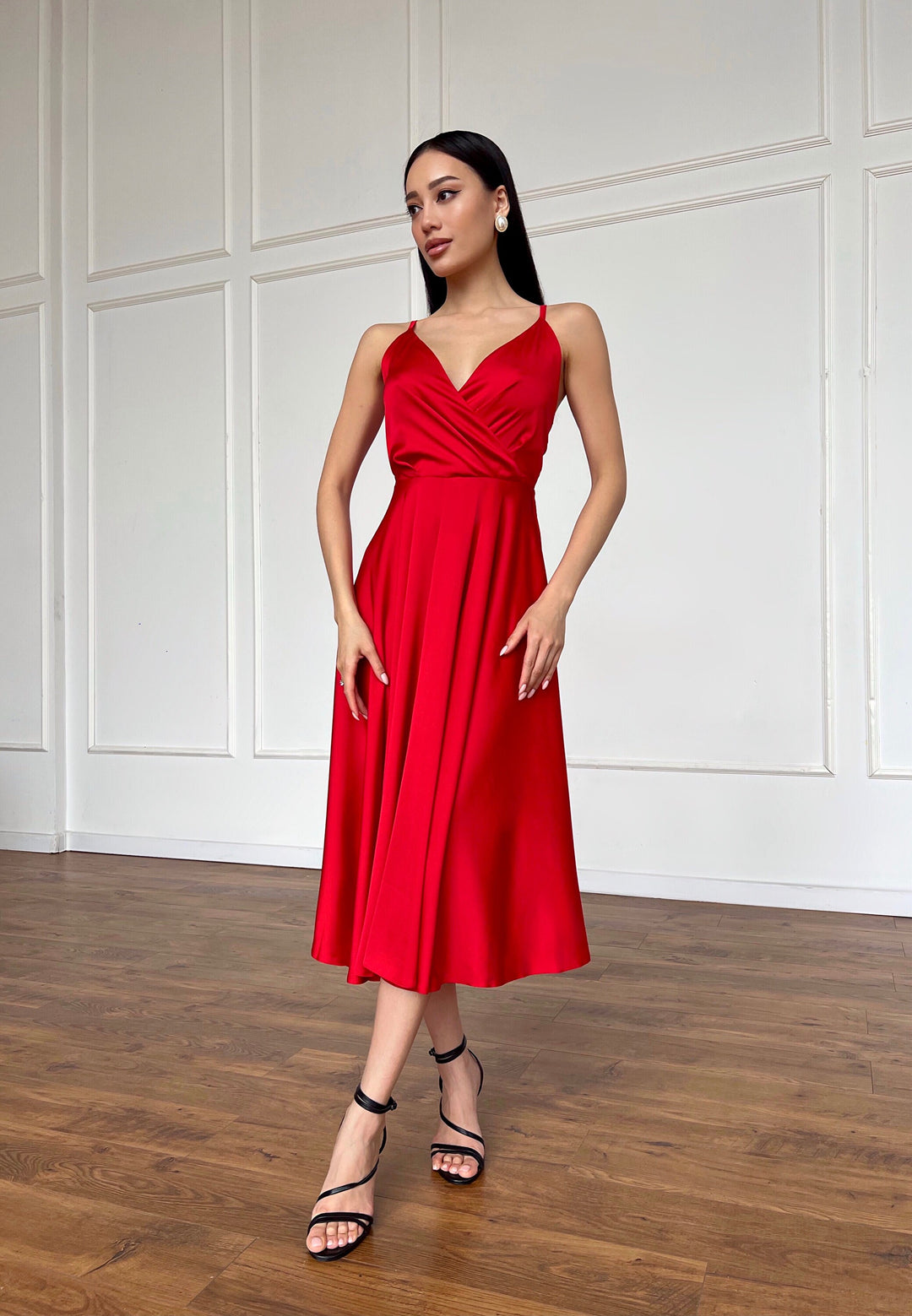 Red Silk Midi Dress Open Back