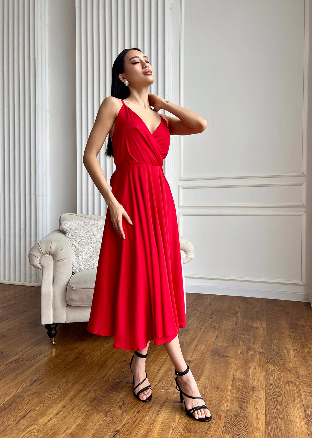 Red Silk Midi Dress Open Back