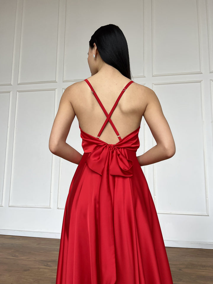 Red Silk Midi Dress Open Back