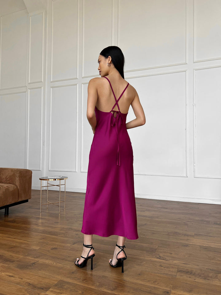 Selin Open back silk slip raspberry