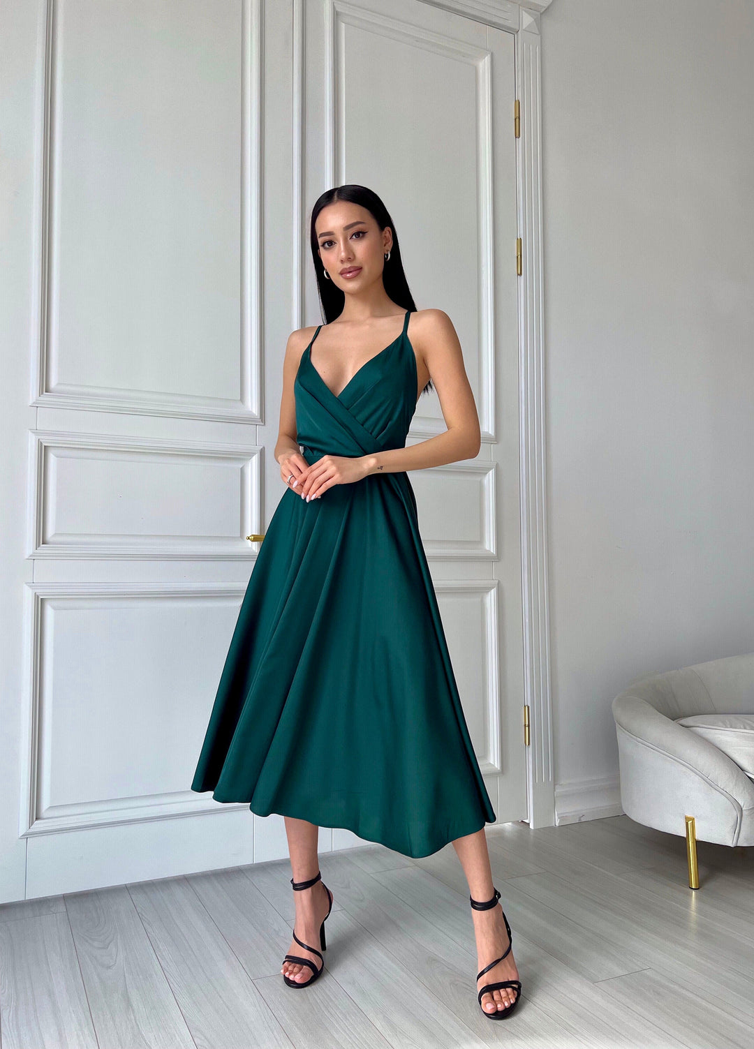 Emerald Silk Midi Dress Open Back