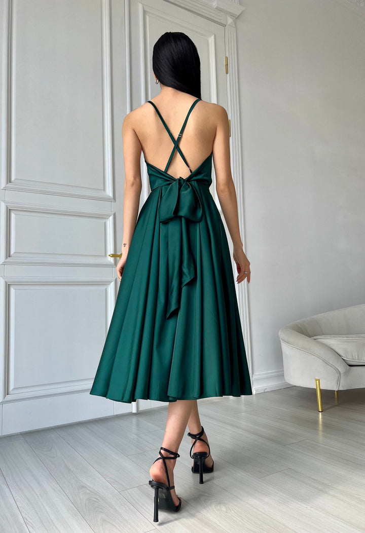 Emerald Silk Midi Dress Open Back