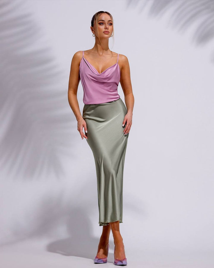 Olive Green Silk Midi Skirt