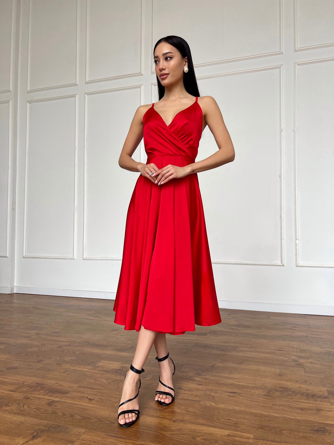 Red Silk Midi Dress Open Back