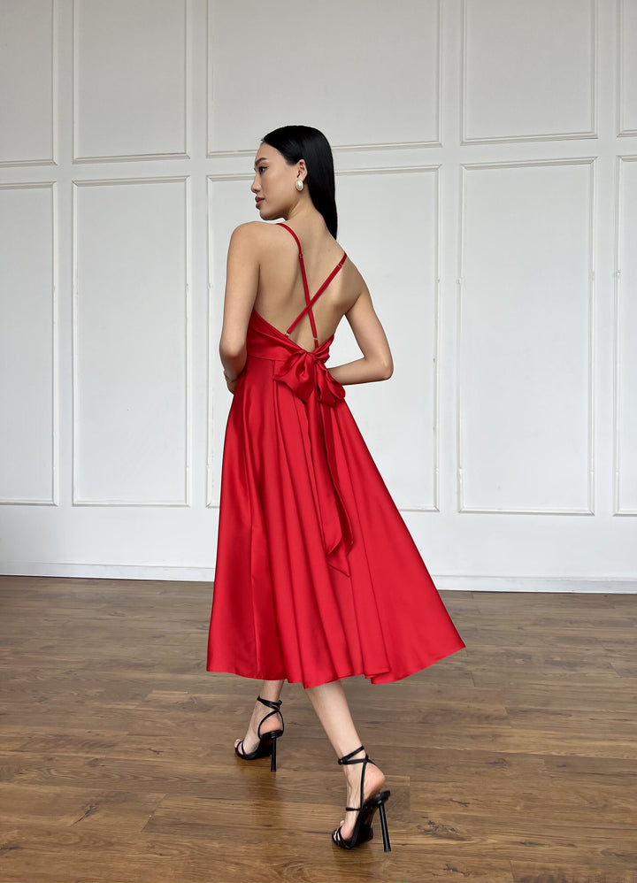 Red Silk Midi Dress Open Back