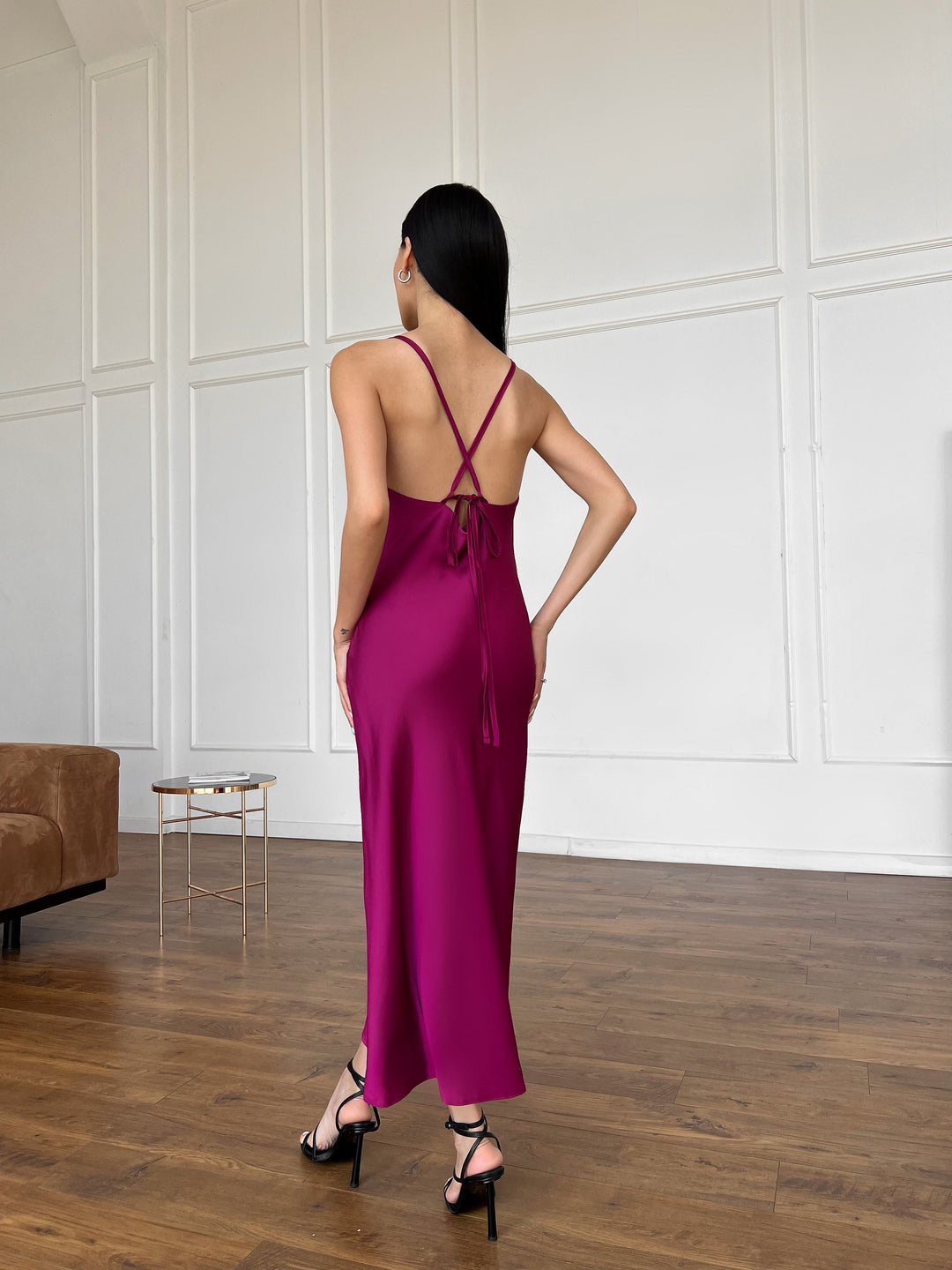 Selin Open back silk slip raspberry