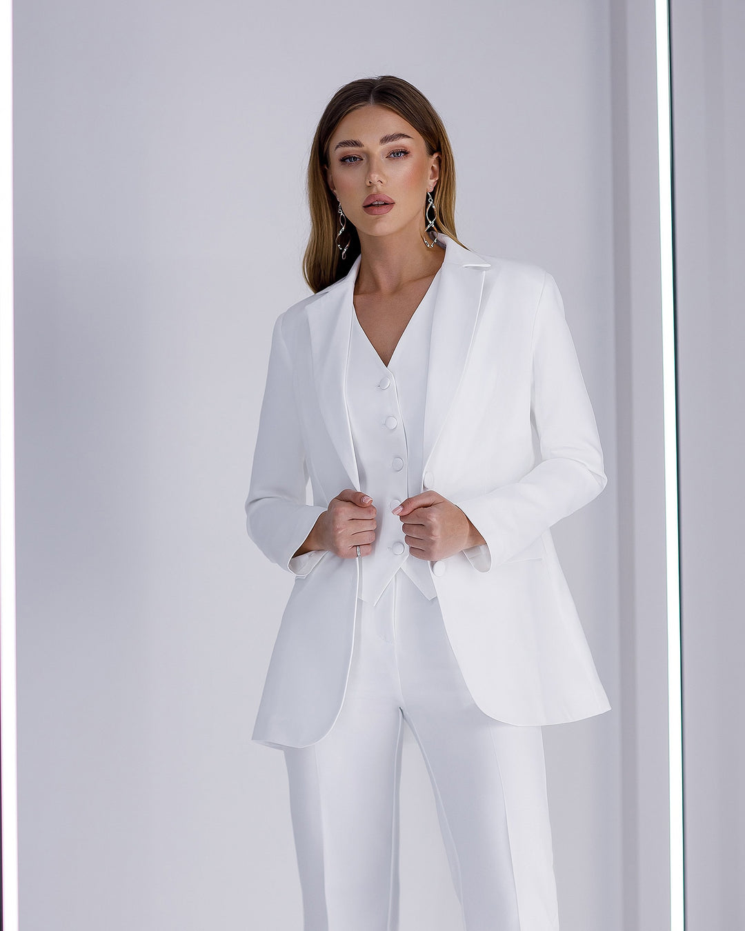 White elegant 3-piece waistcoat pantsuit for tall women