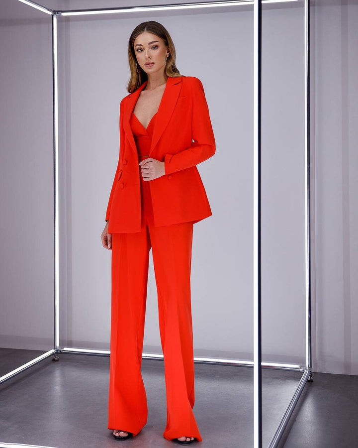 Red chic 3-piece Palazzo Pantsuit: blazer, crop top and pants