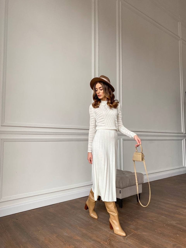 White Knit Midi Hollow Out Dress