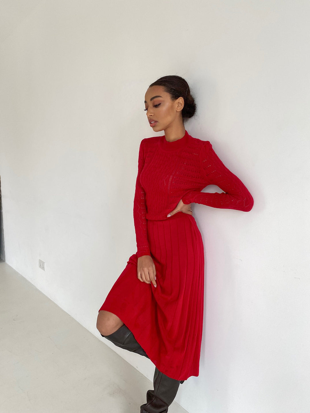 Red Knit Hollow Out Dress