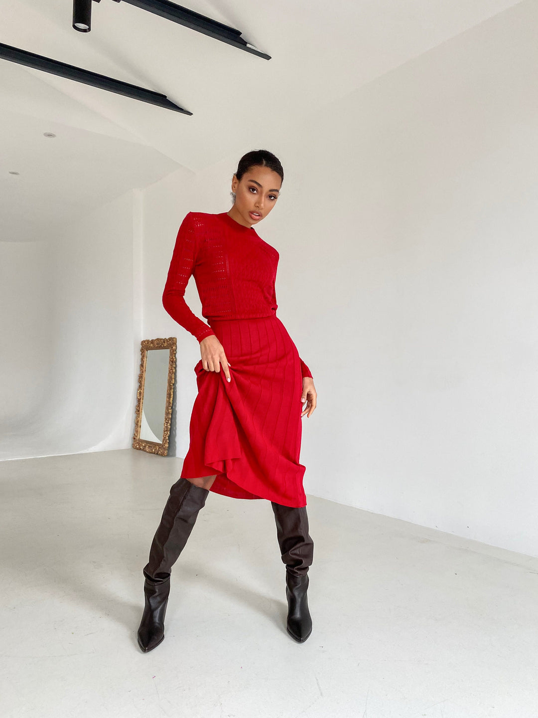 Red Knit Hollow Out Dress