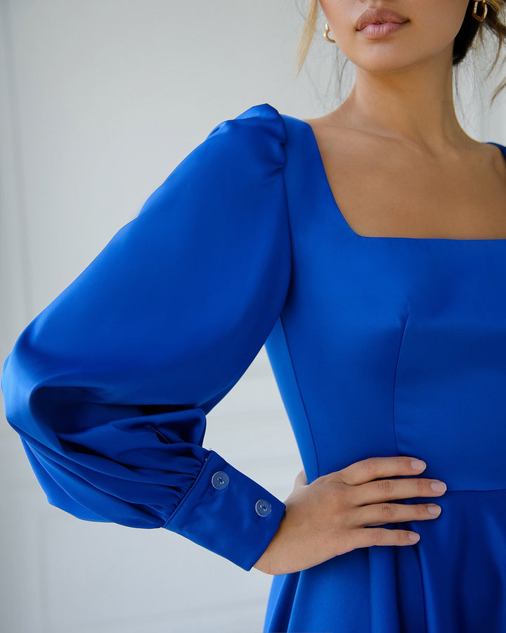 Rich blue Silk Satin Dress with Bishop Sleeves