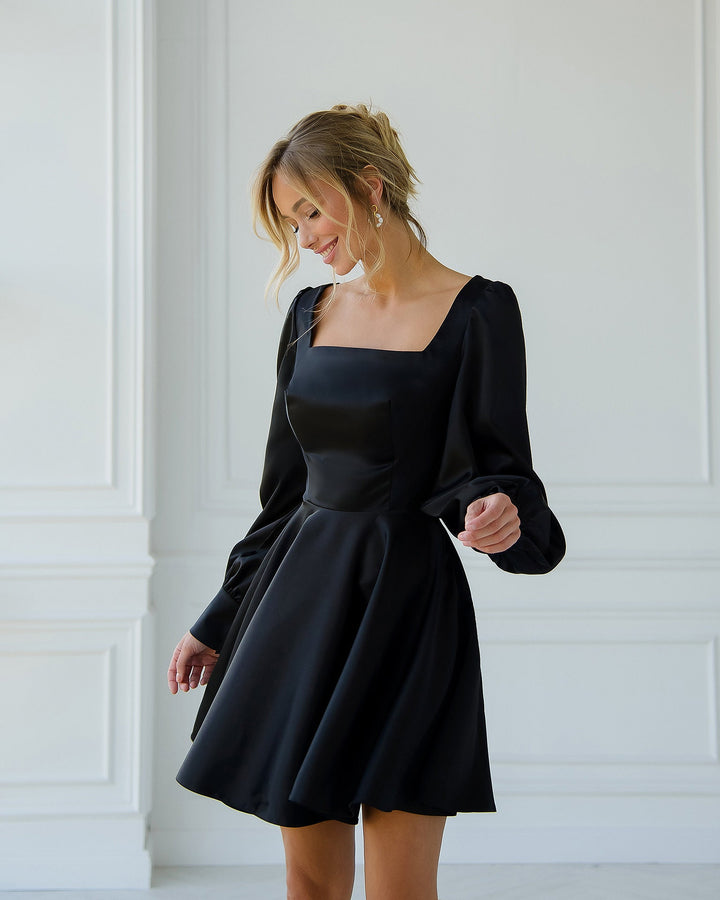 Black Satin Mini Dress with Bishop Sleeves