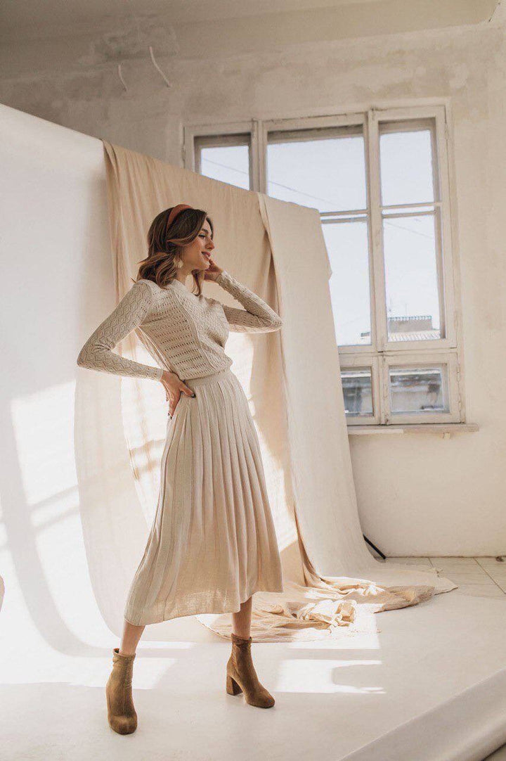 Beige Knit Midi Hollow Out Dress