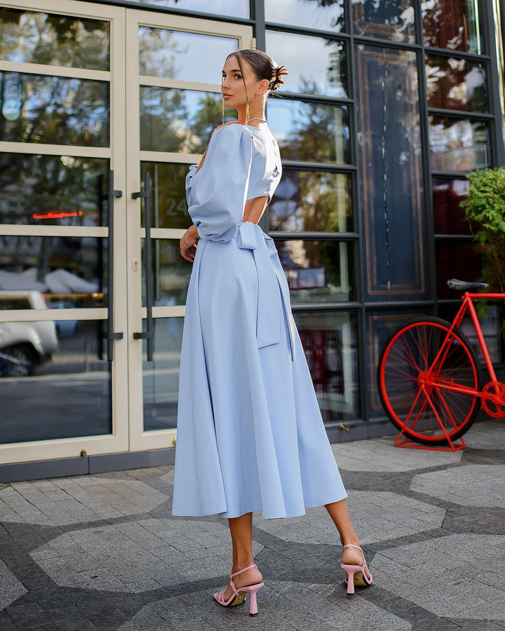 Baby Blue Midi Dress with Open Back and Voluminous Sleeves