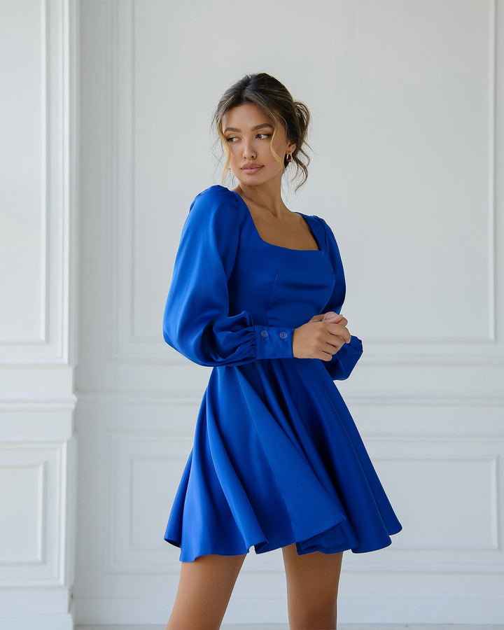 Rich blue Silk Satin Dress with Bishop Sleeves