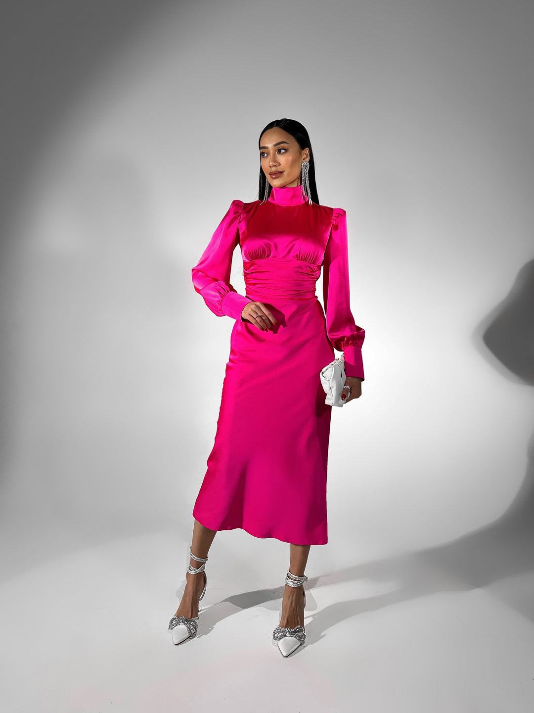 Hot Pink Silk Open Back Dress with Long Sleeves