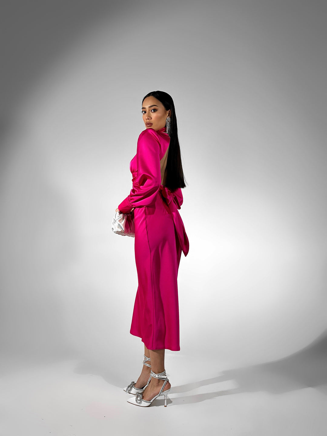 Hot Pink Silk Open Back Dress with Long Sleeves