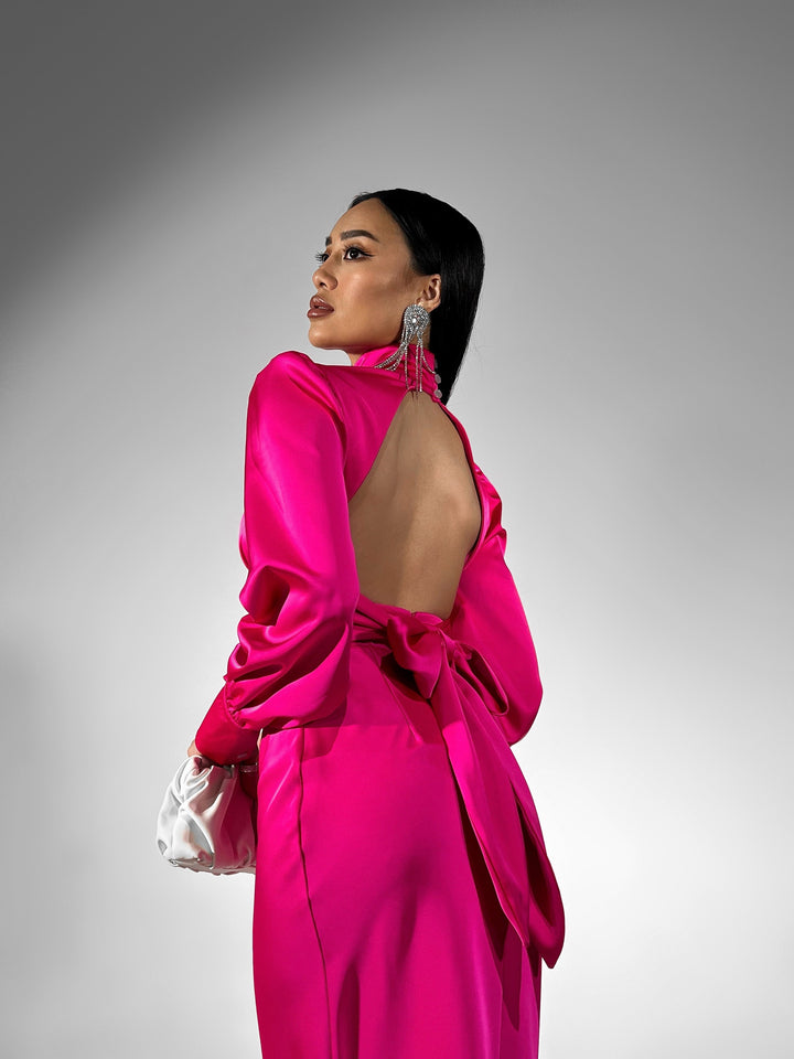 Hot Pink Silk Open Back Dress with Long Sleeves