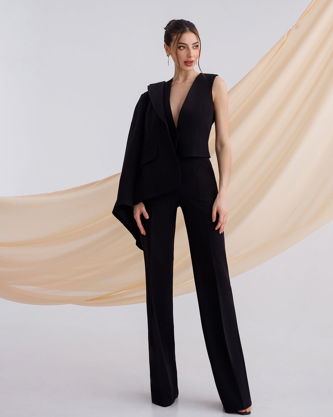 Black Formal Pantsuit With Satin Lapel Collar