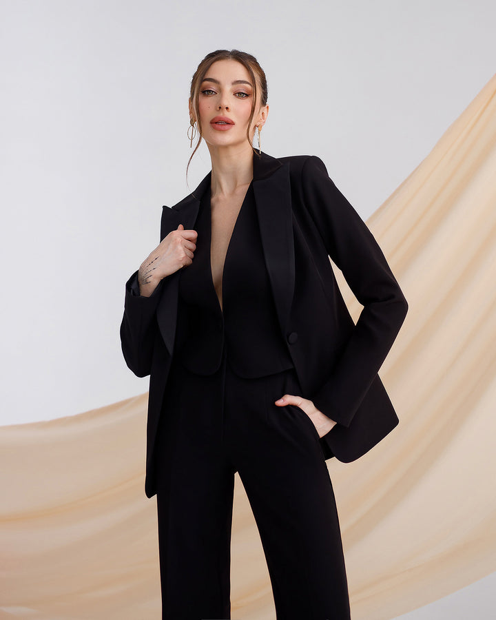 Black Formal Pantsuit With Satin Lapel Collar