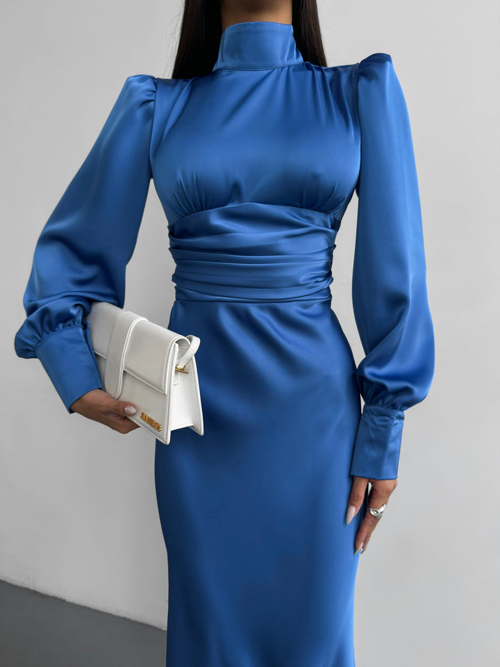 Blue Silk Open Back Dress with Long Sleeves