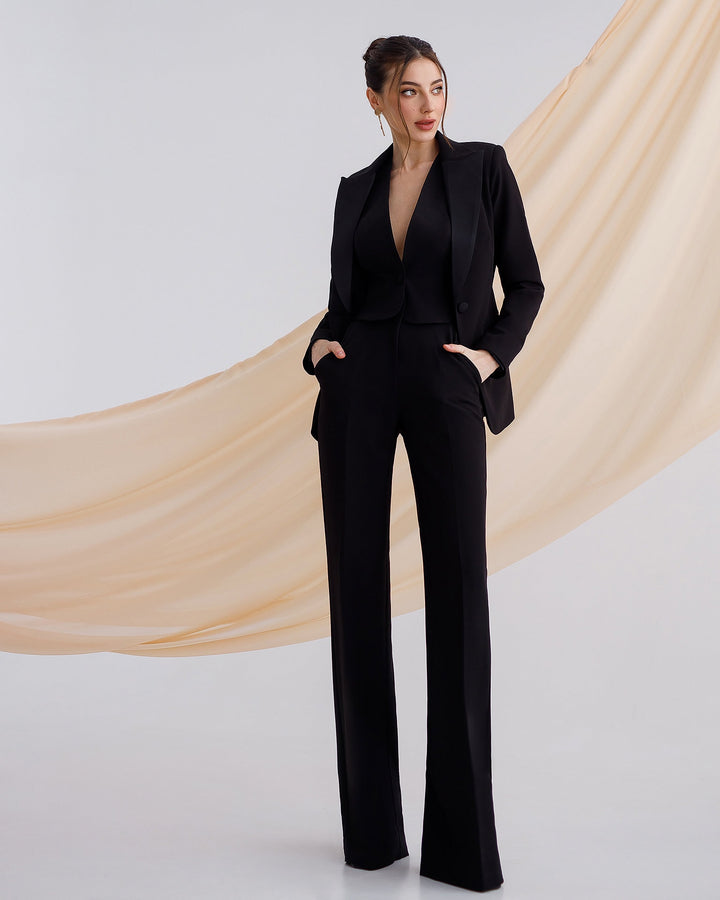 Black Formal Pantsuit With Satin Lapel Collar